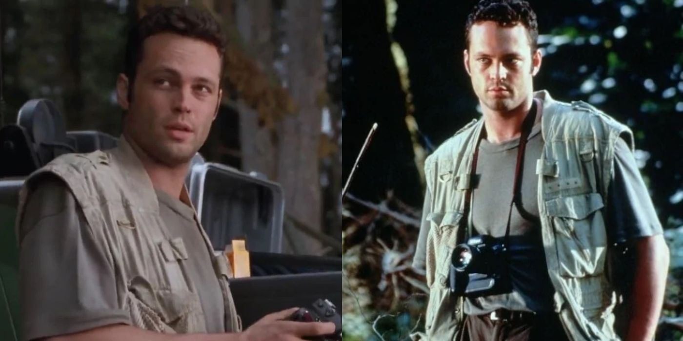 Imagem dividida de Vince Vaughn como Nick em Jurassic Park: O Mundo Perdido