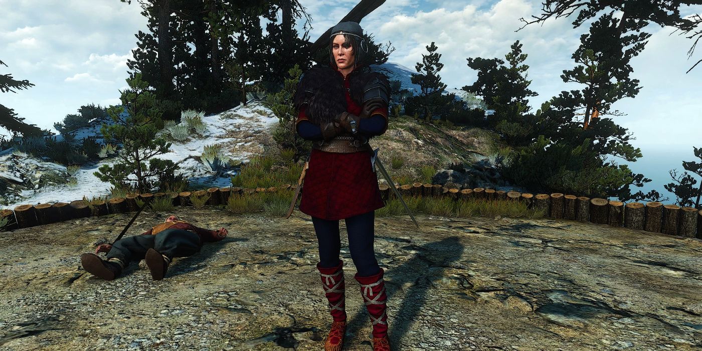 Jutta standing above a defeated opponent in Witcher 3.