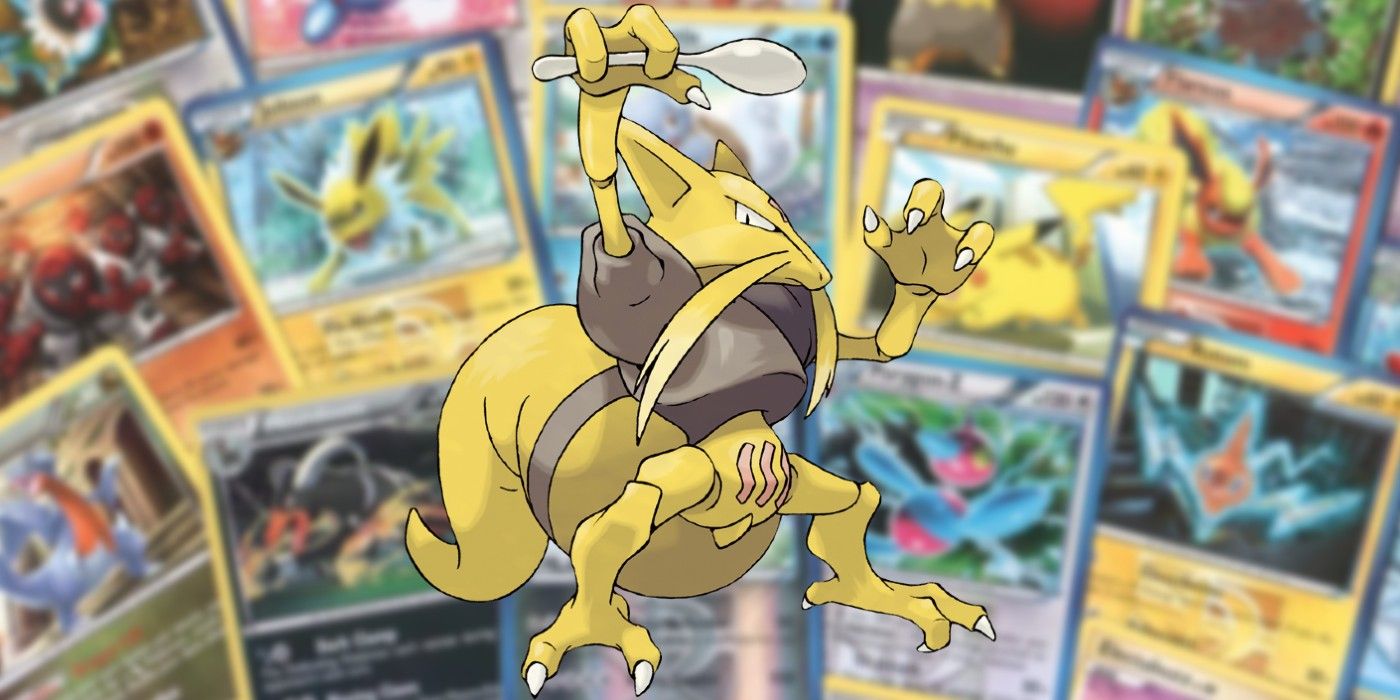 The Pokémon Kadabra standing and glaring while holding his signature spoon aloft in front of a blurred background showing a variety of TCG cards.