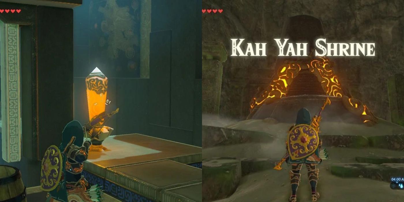 Link menarik busurnya ke objek oranye bercahaya di sebelah kiri, lalu Link berdiri di depan Kuil Kah Yah di Zelda: Breath of the Wild