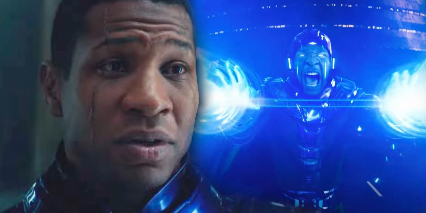 Split Image: Jonathan Majors as Kang the Conqueror in Ant-Man and the Wasp: Quantumania; Kang angrily fires his lazers