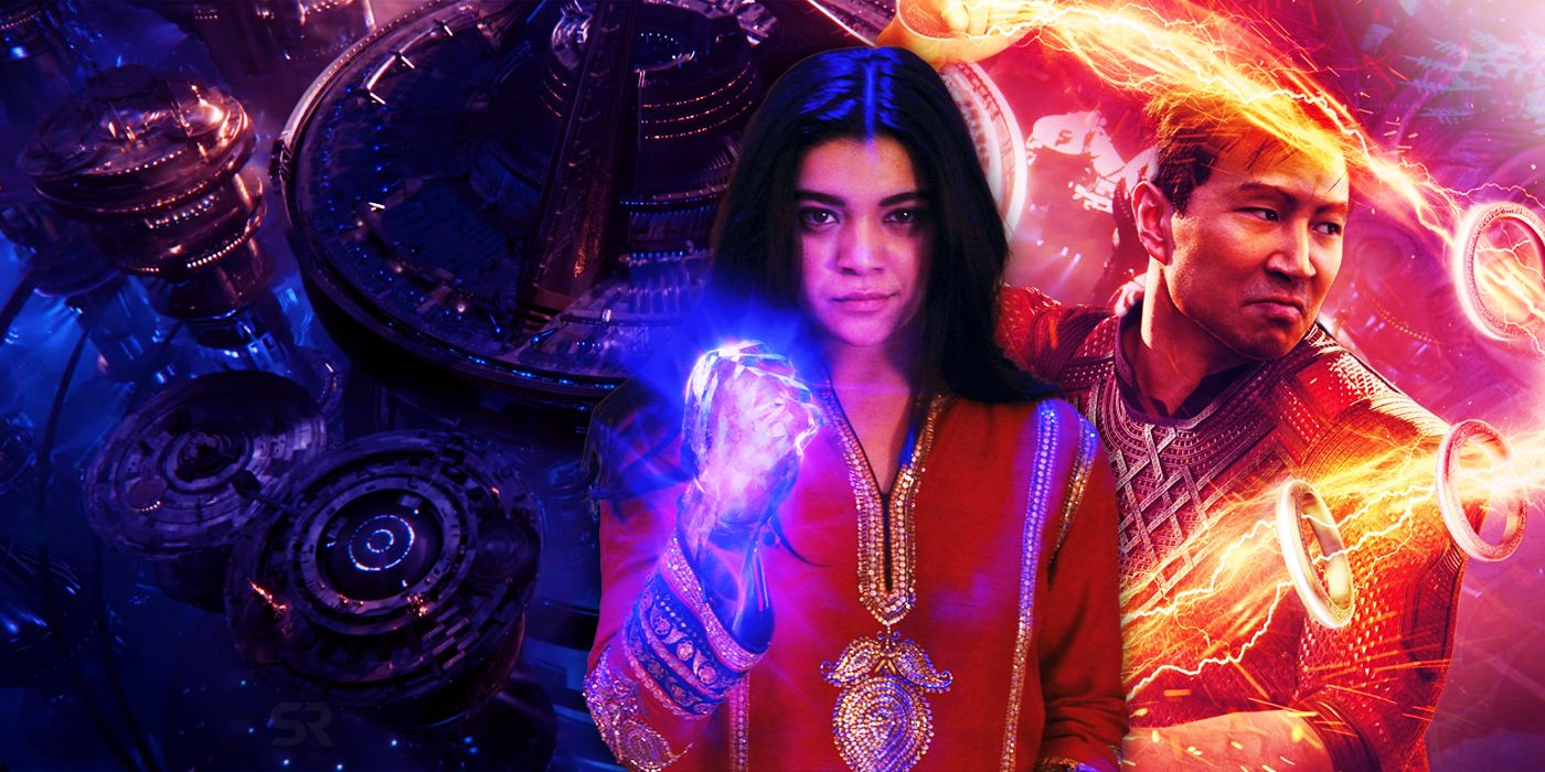 Split Image of Kang's Kingdom in the Quantum Realm, Kamala Khan using her powers, and Shang-Chi using the Ten Rings