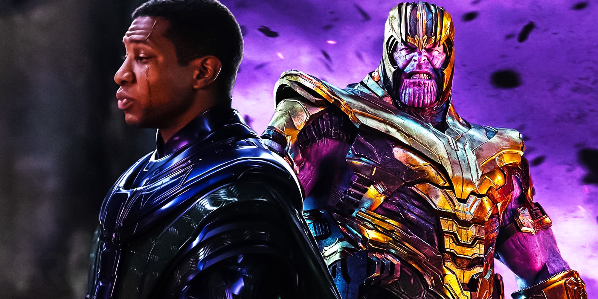Split Image: Kang the Conqueror (Jonathan Majors) stares at Scott Lang (off-screen); Thanos (Josh Brolin) grits his teeth while fully clad in his armor, ready for battle