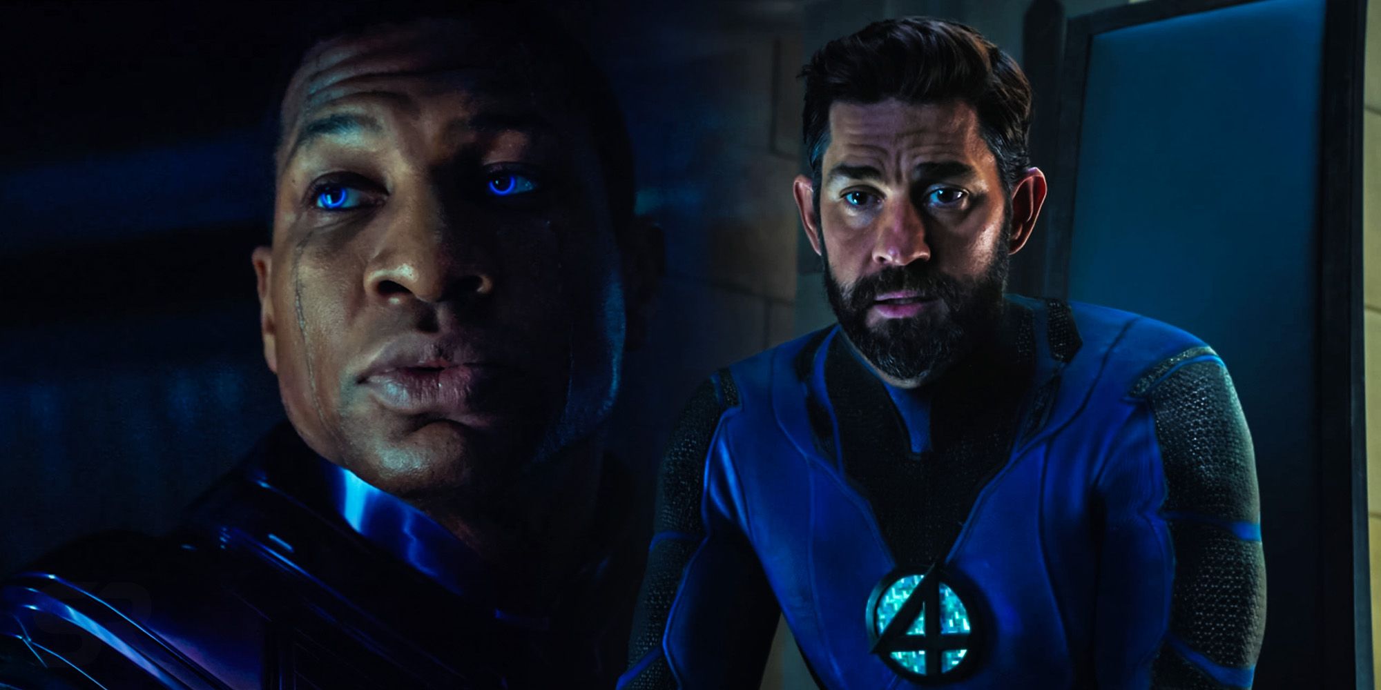 Split Image: Jonathan Majors as Kang the Conqueror in Quantumania;  John Krasinski as Reed Richards in the Multiverse of Madness