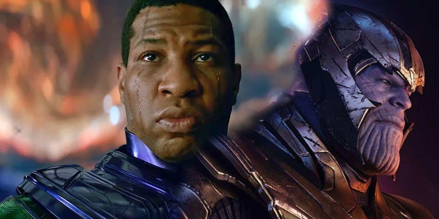 Split Image: Kang the Conqueror (Jonathan Majors) looks over his kingdom; Thanos in his warrior armor prepares for battle