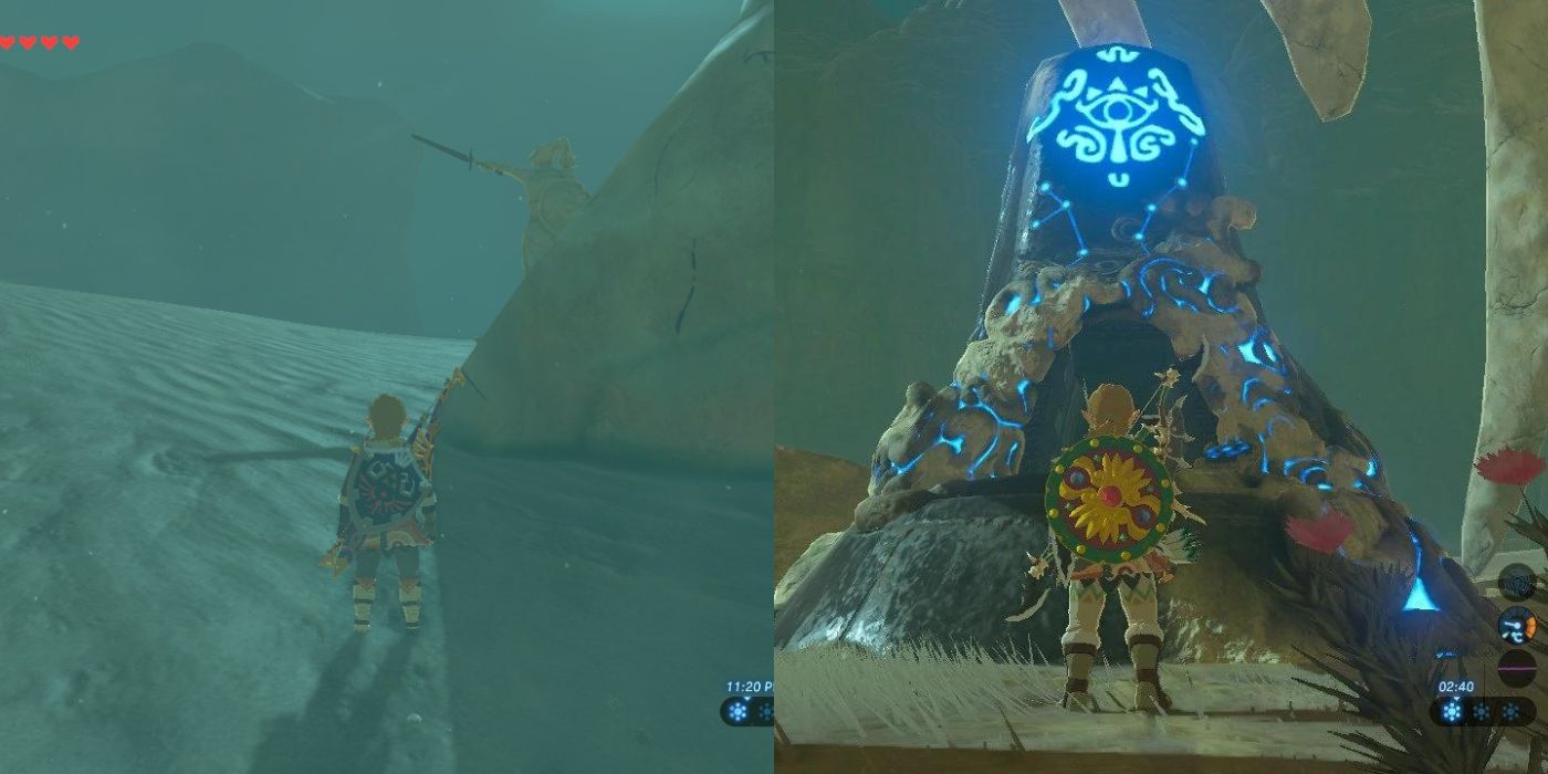 Link berdiri di lingkungan berpasir di sebelah kiri, lalu Link berdiri di pintu masuk Kuil Kema Zoos di Zelda: Breath of the Wild di sebelah kanan.