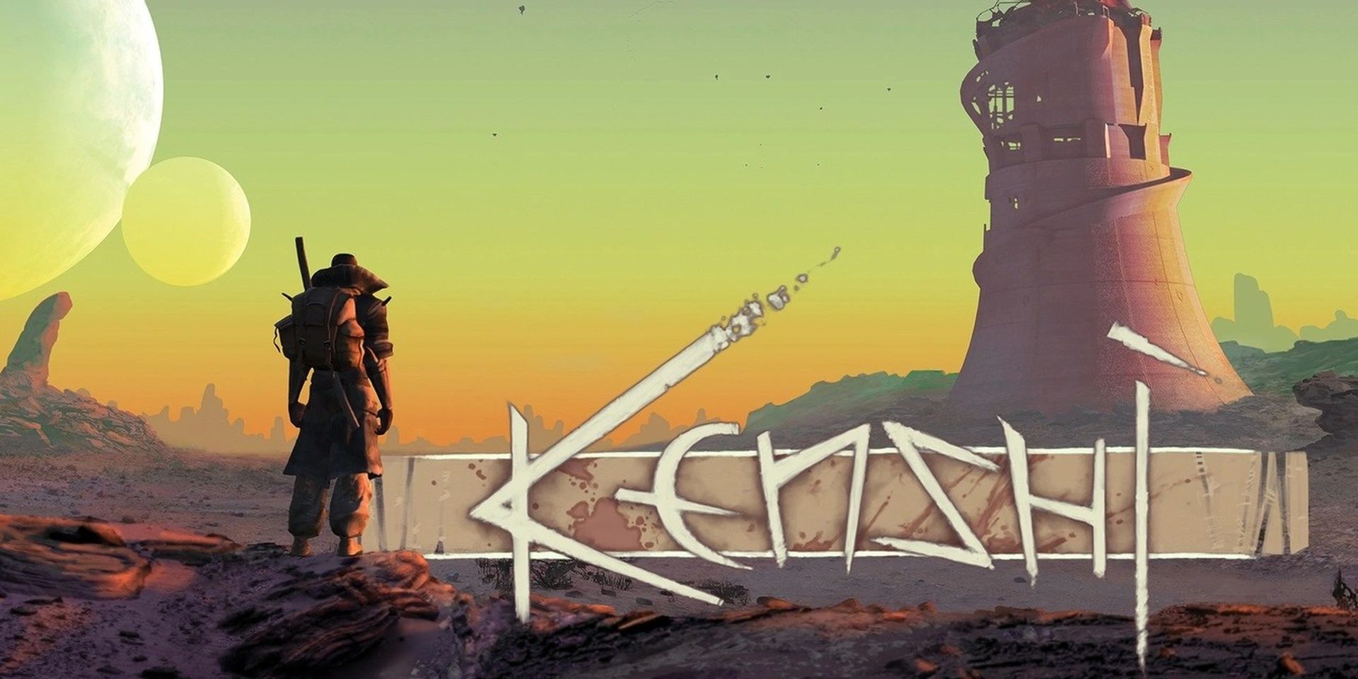 Le personnage jouable de Kenshi regarde fixement le désert dans une tour tandis que deux lunes flottent dans le ciel.