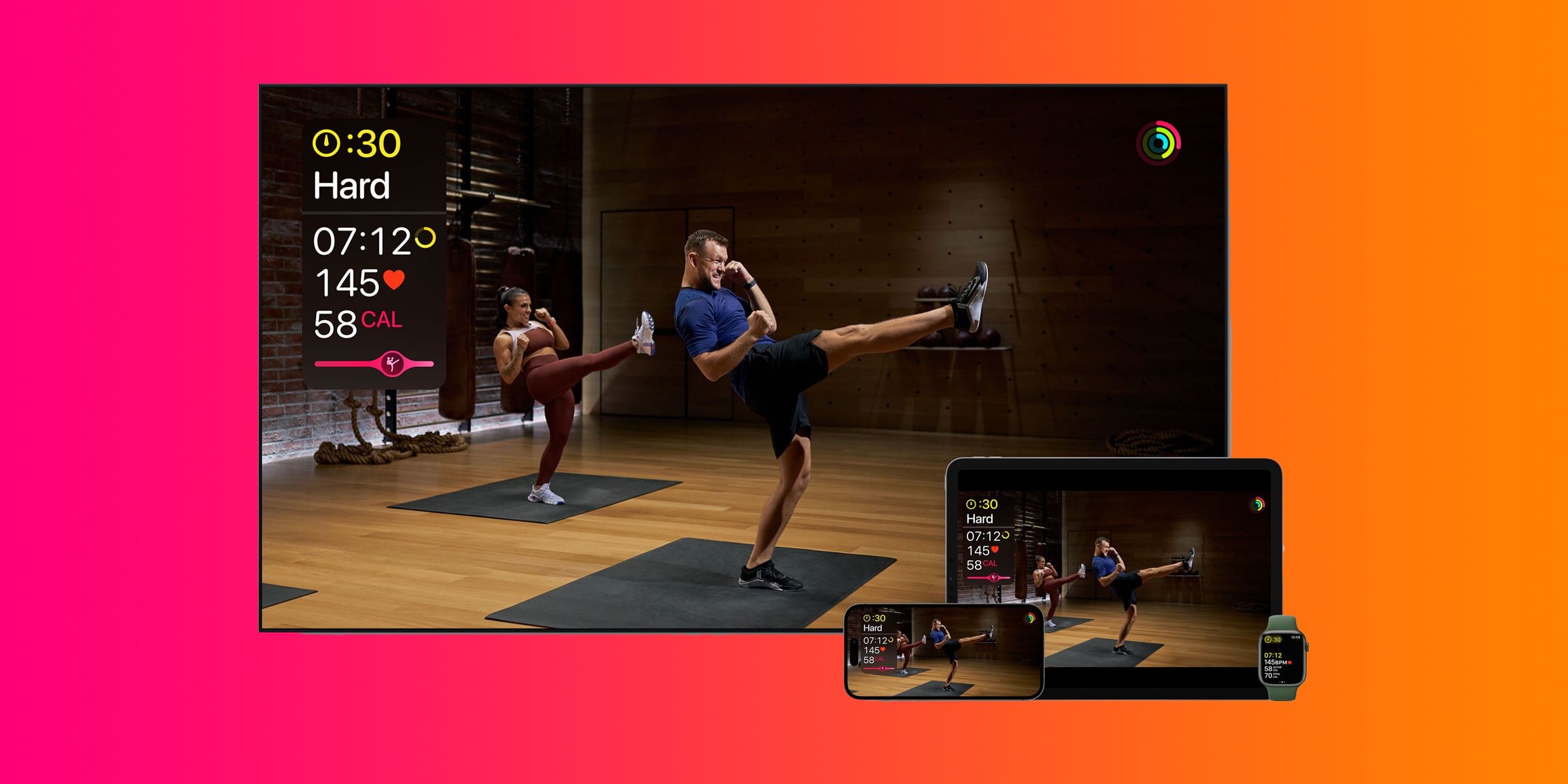 The Kickboxing Workout on Apple Fitness+ experienced on an Apple TV, iPad, iPhone, and Apple Watch.