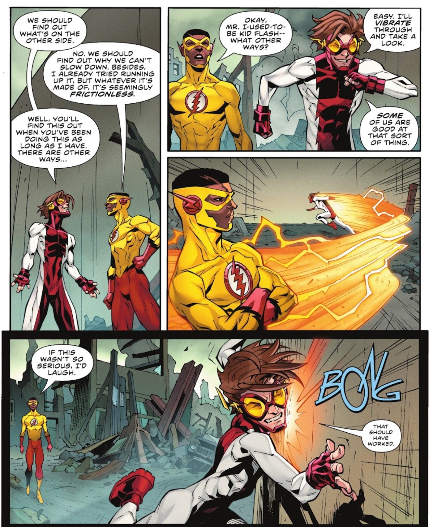 Kid Flash and Impulse Try to Get Past the Fraction's Wall