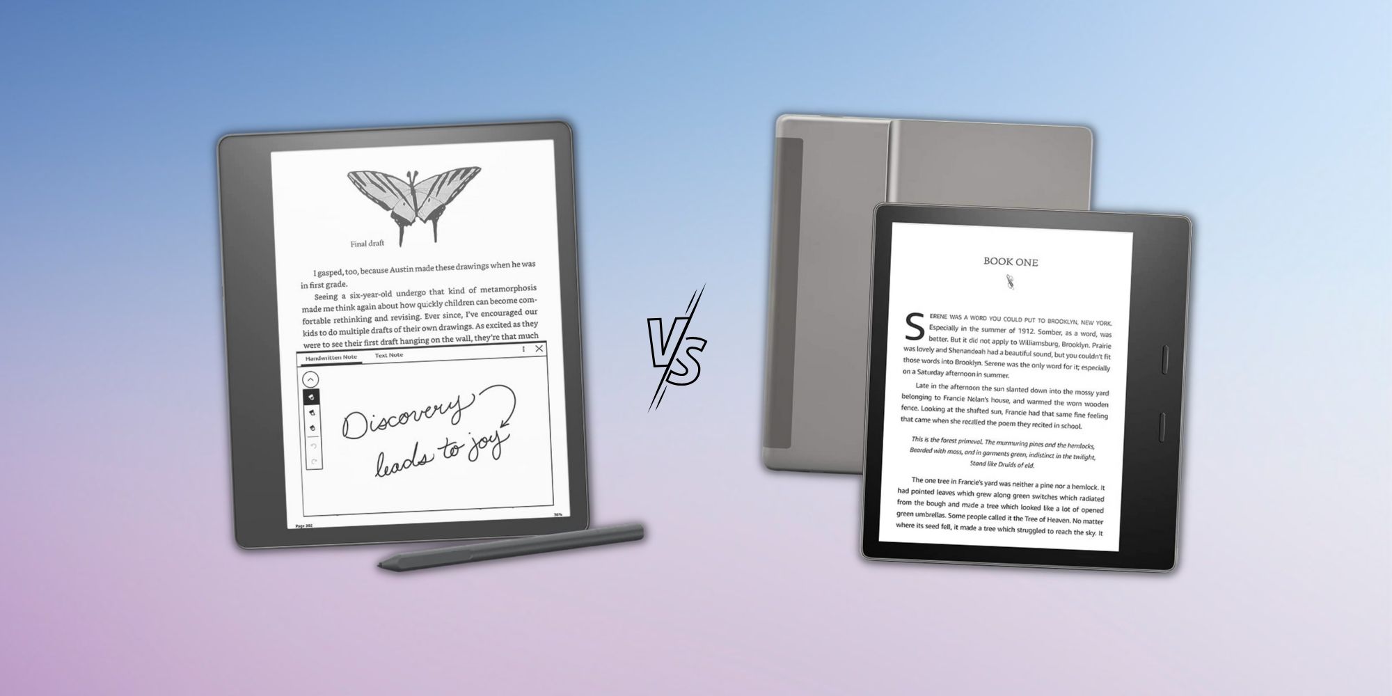 Images of Kindle Scribe and Kindle Oasis with a versus sign in the middle on a gradient background