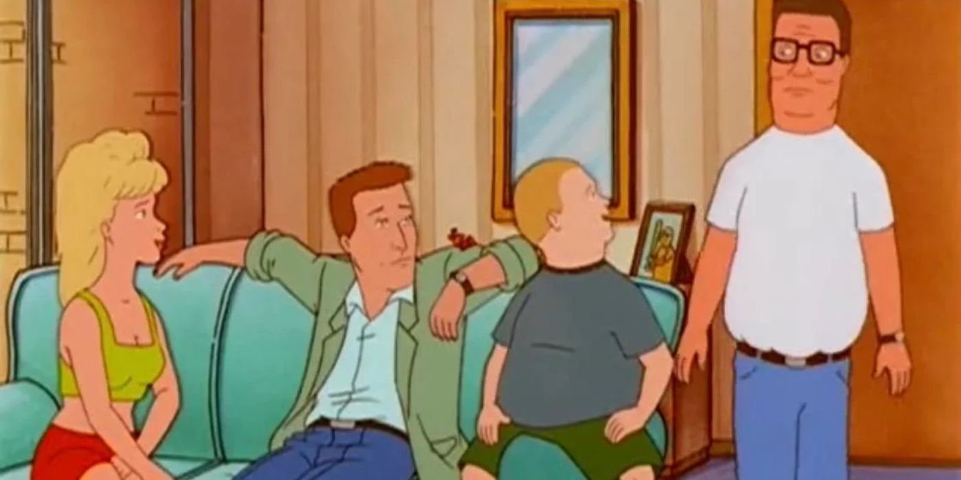 Luanne, Rad, Bobby and Hank talking in their house on King of the Hill