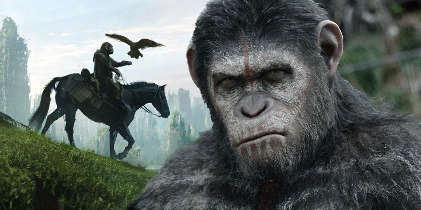 Blended image of an ape riding a horse and Caesar on the side angry in War of the Planet of the Apes