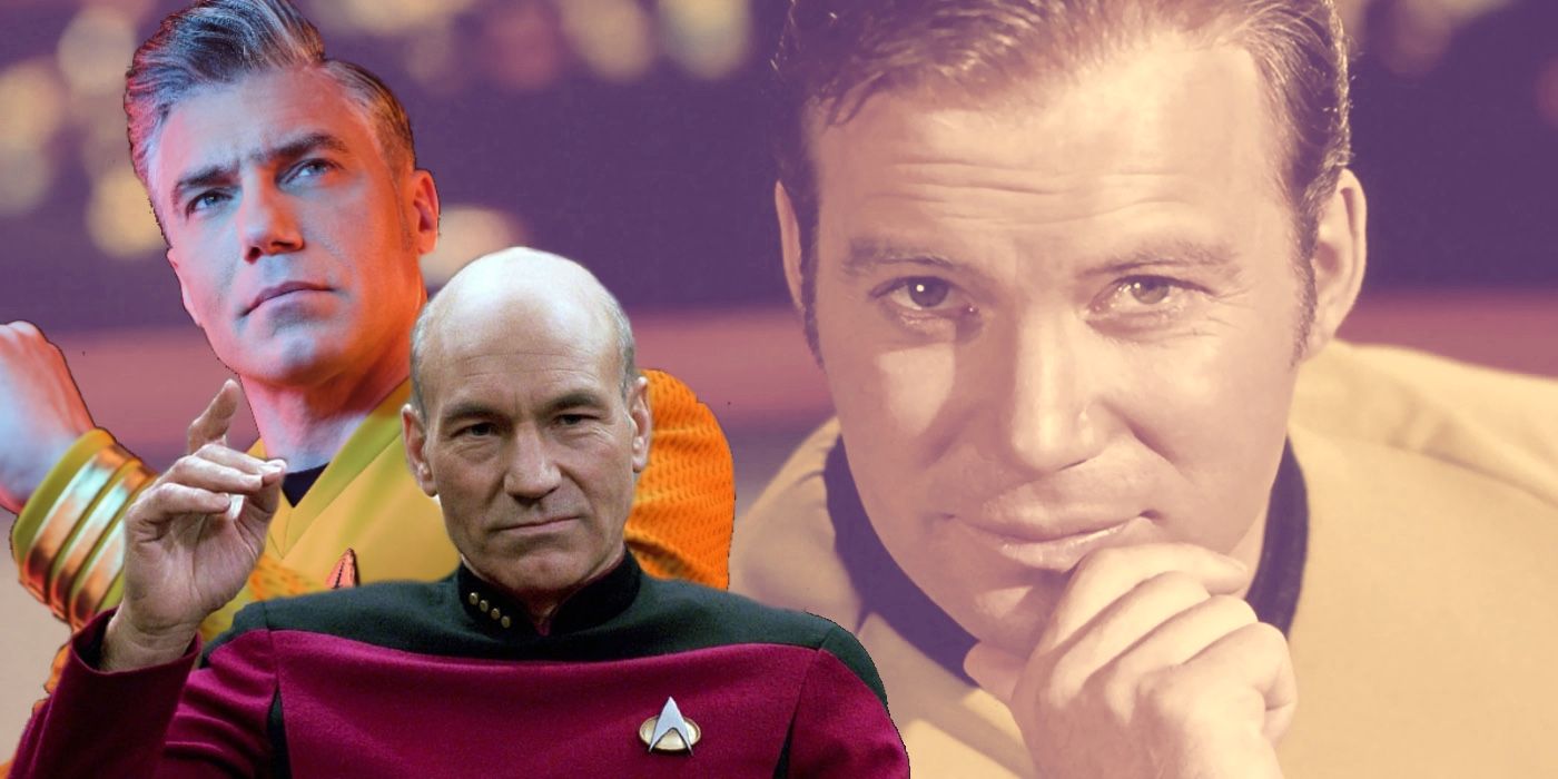 A composite image of Captains Kirk, Pike, and Picard from Star Trek 
