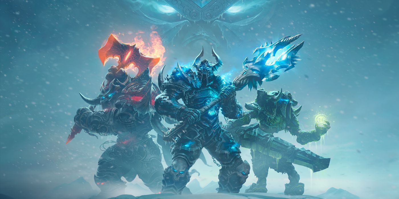 Official World of Warcraft: Wrath of the Lich King art of three Death Knights with the Lich King looming in the background.