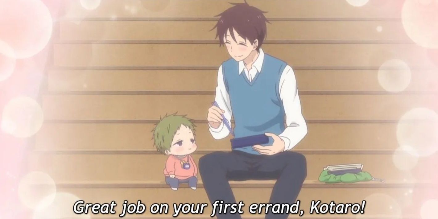 Kotaro Kashima sits next to his teenage brother Ryuuichi on the stairs, while Ryuuichi happily eats the bento Kotaro brought. The subtitles say, 