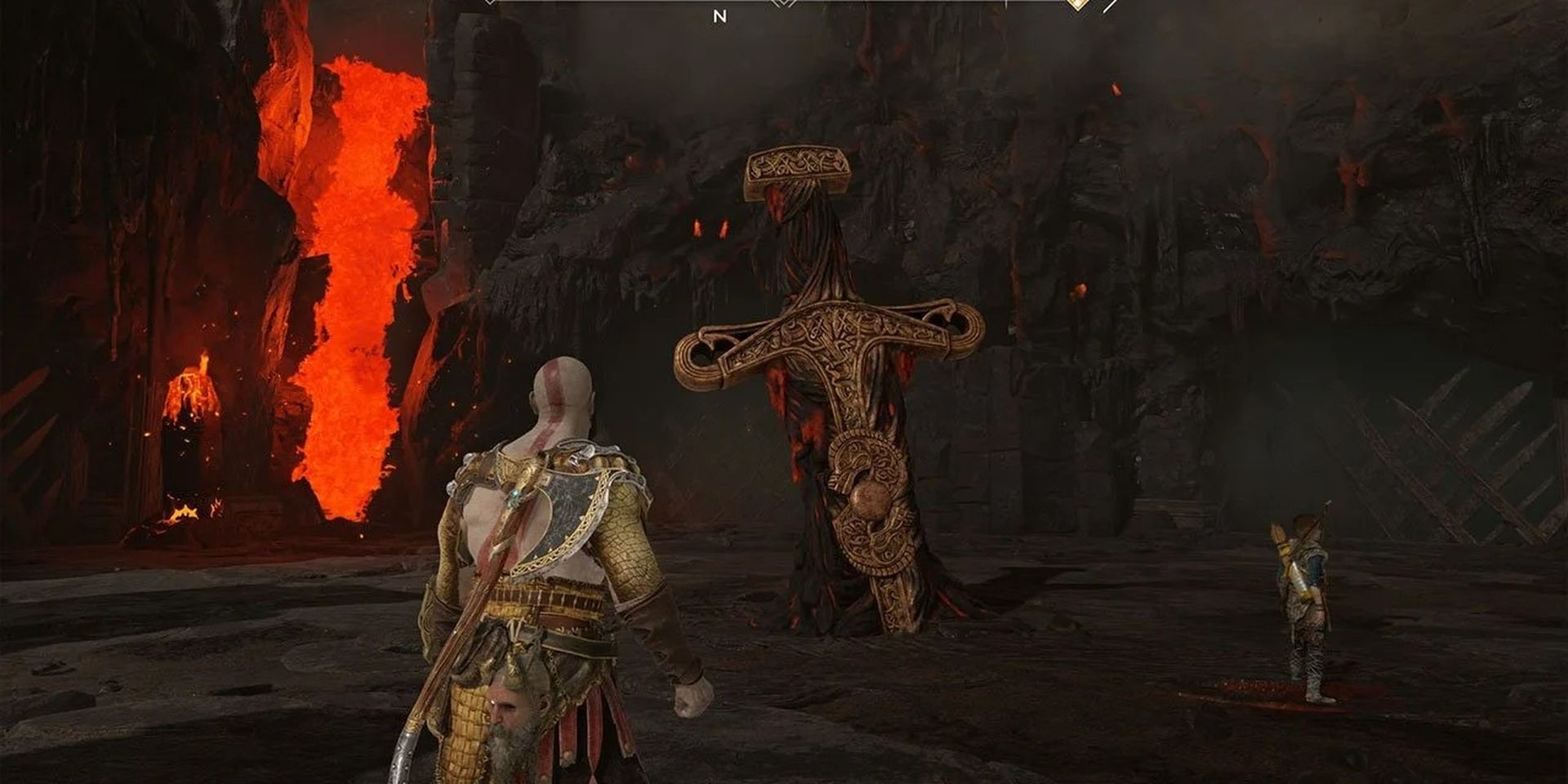 Kratos e Atreus em frente à espada que ativa as Provas de Muspelheim em God of War 2018