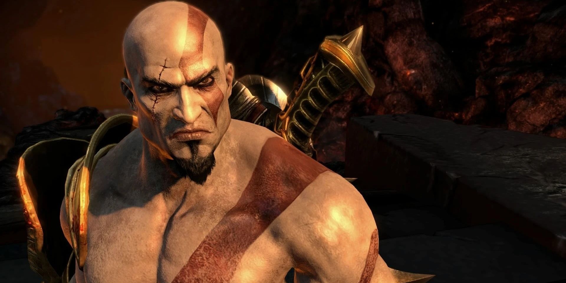 An image of Kratos from God of War 3 staring angrily