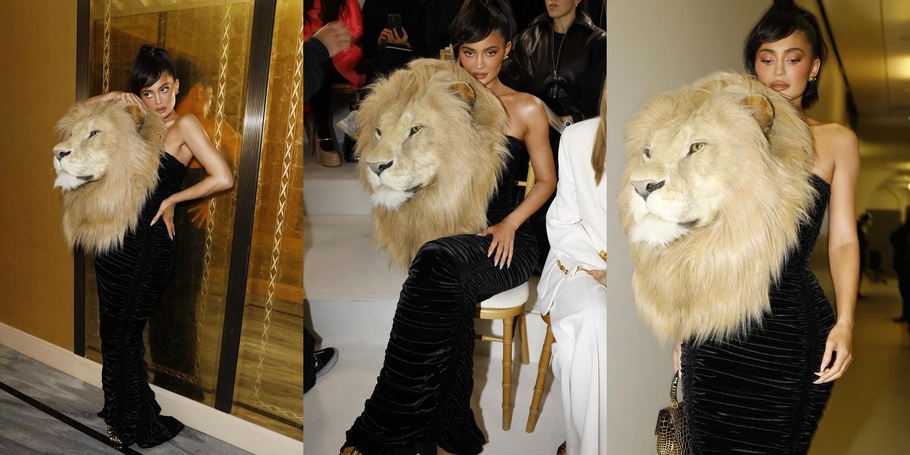 A estrela das Kardashians Kylie Jenner na Semana de Moda de Paris em vestido de cabeça de leão