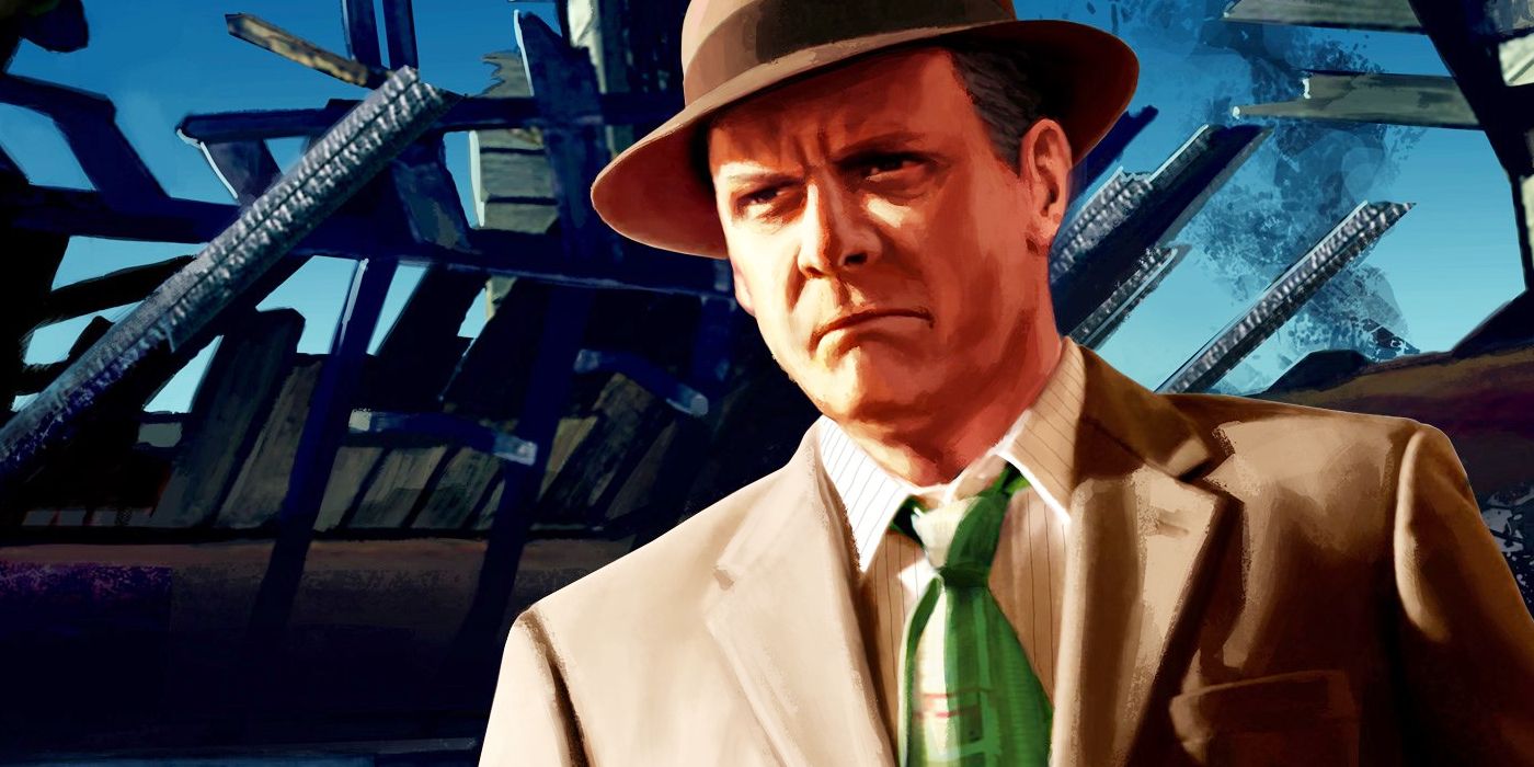 Official artwork depicting arson detective Herschel Biggs in L.A. Noire. Wearing a brown blazer, fedora, a white striped shirt and green tie, Herschel is walking into a recently burned down building.
