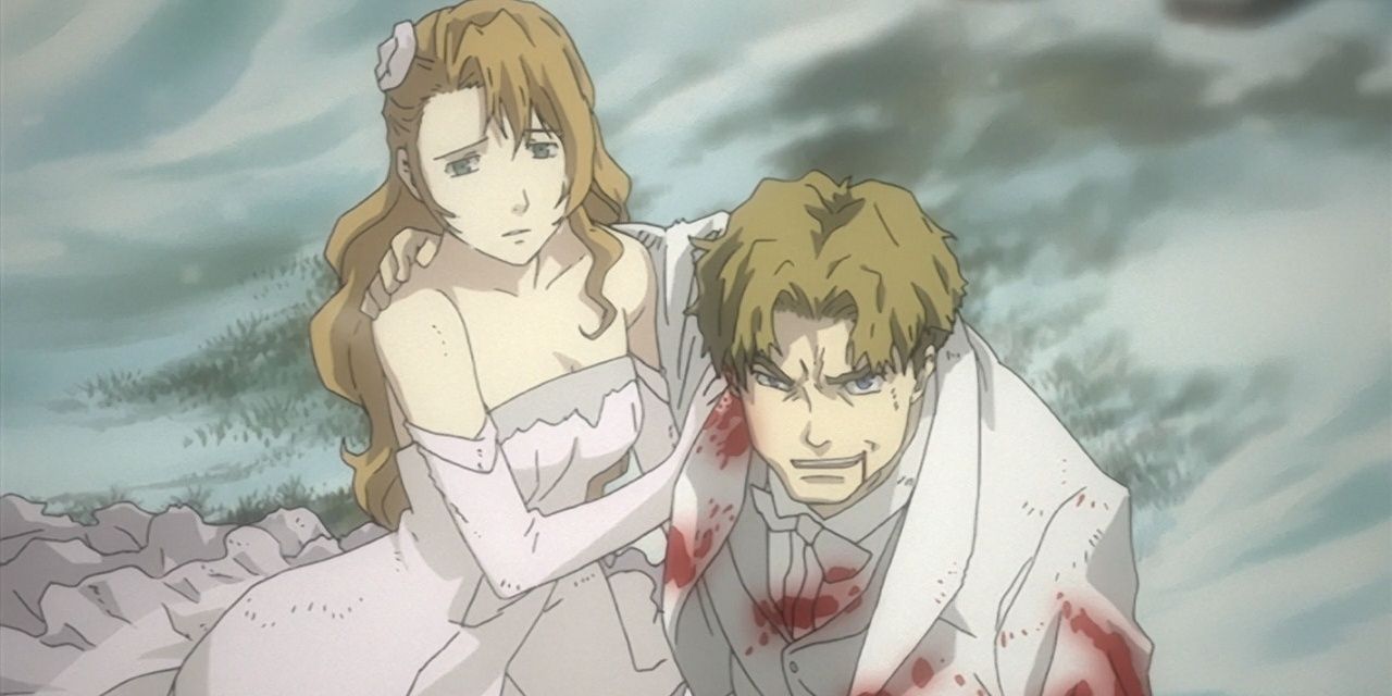 A nervous Lua Klein holding up a bloodied but grinning Ladd Russo in Baccano!