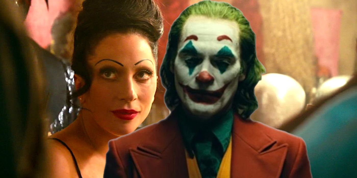 Joaquin Phoenix as Joker in full make up looking downcast backdropped by Lady Gaga in A Star Is Born wearing her wild old time Berlin-style makeup