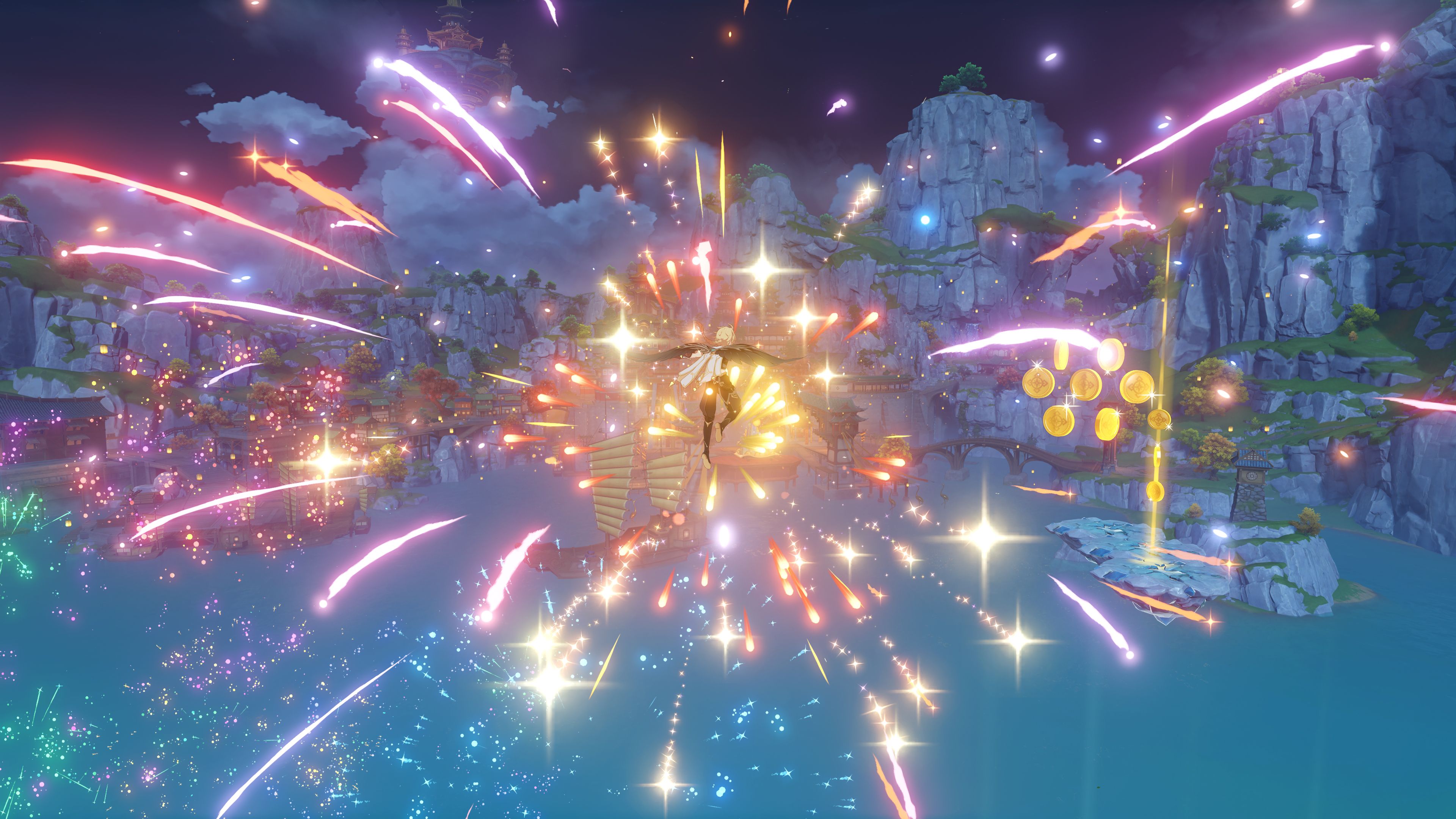O viajante do Genshin Impact voando pelo céu no porto de Liyue enquanto fogos de artifício explodem ao seu redor no minijogo Radiant Sparks.