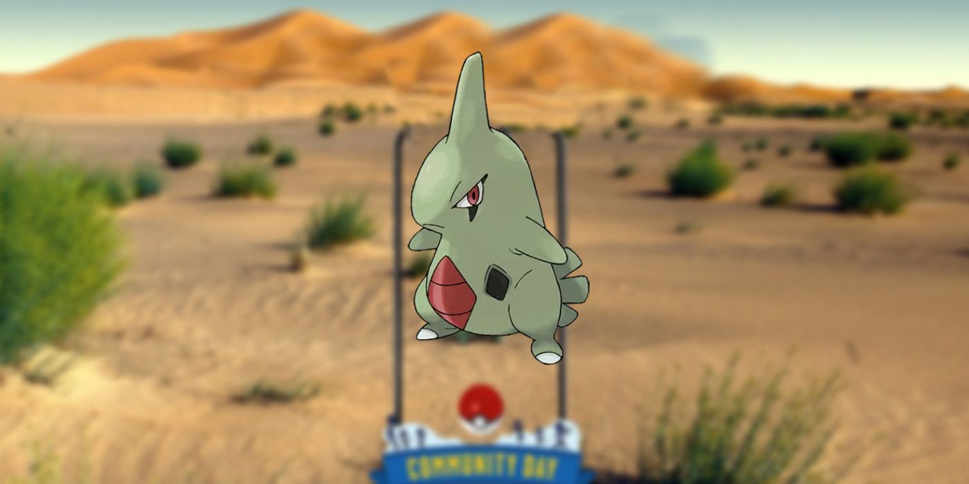 Pokémon Go Larvitar on a blurred desert background