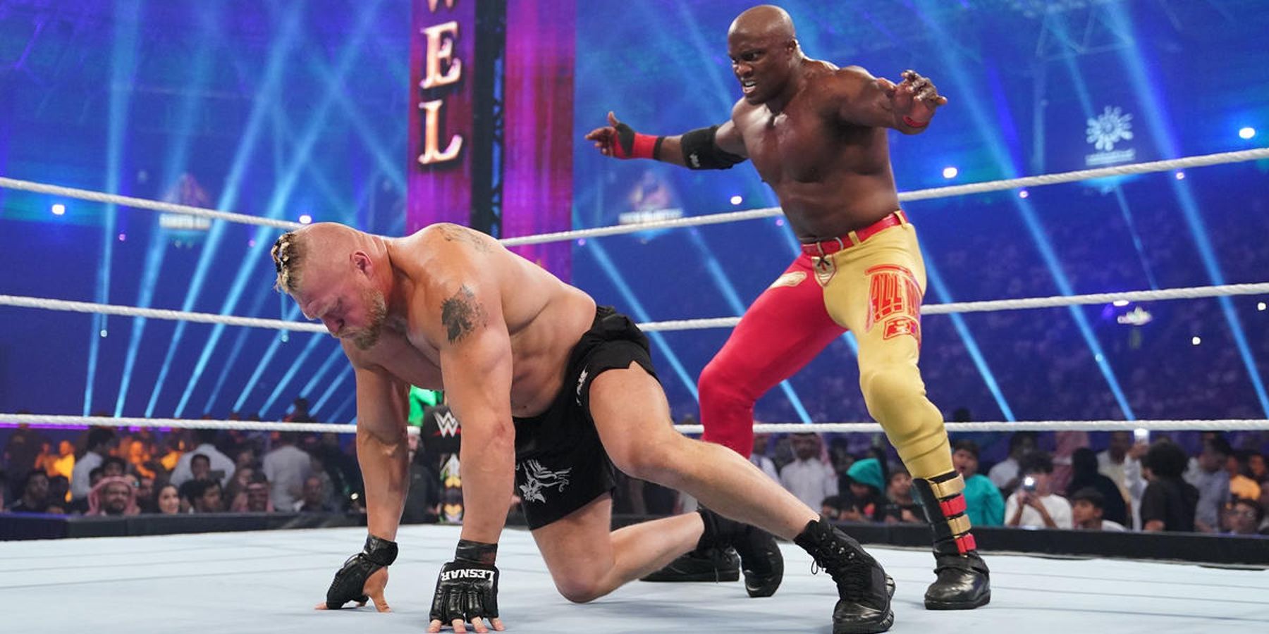 Bobby Lashley prepares to put Brock Lesnar in the Hurt Lock during WWE Crown Jewel in 2022.