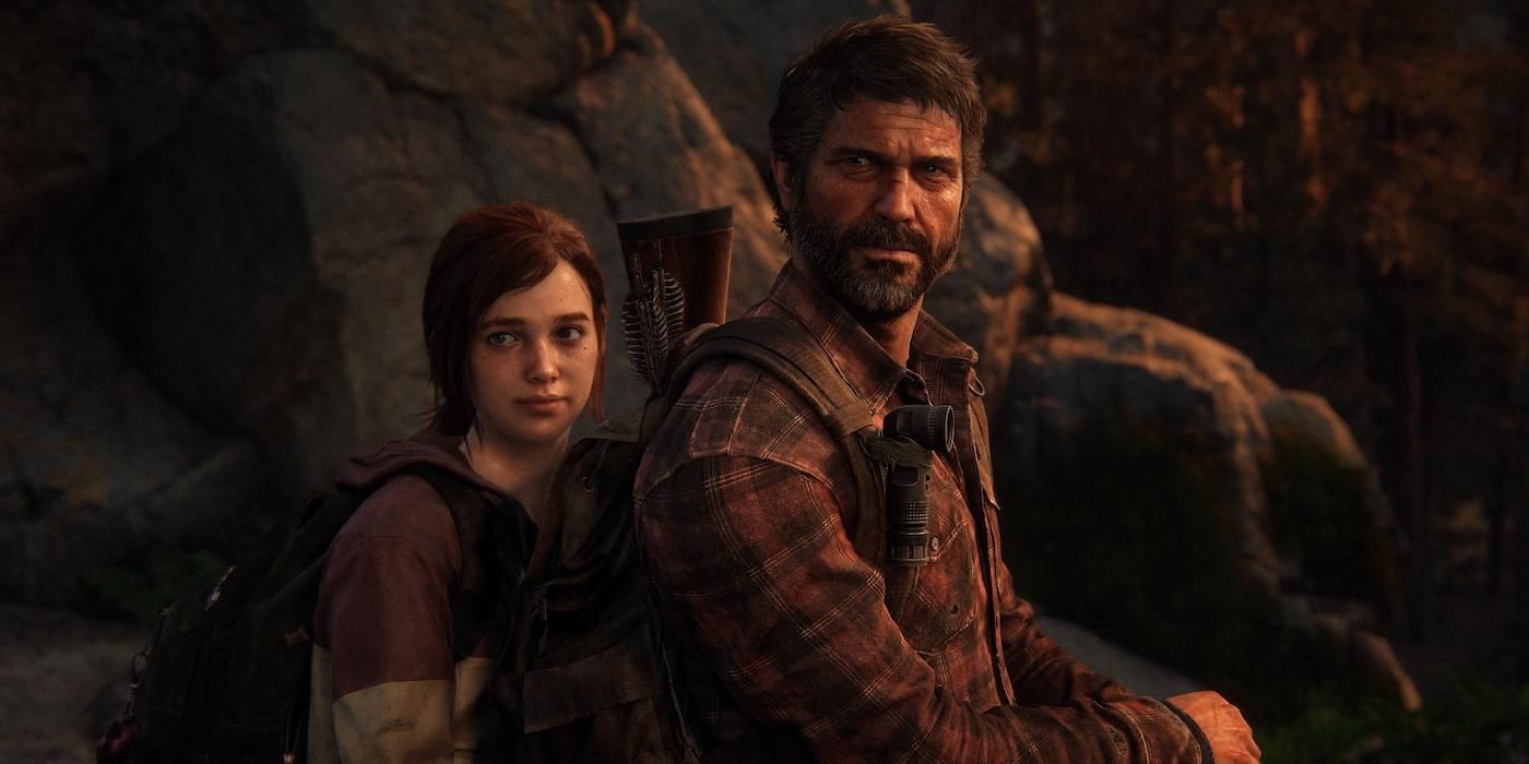 Joel and Ellie from The Last of Us Part 1 riding on horseback, looking towards the camera.