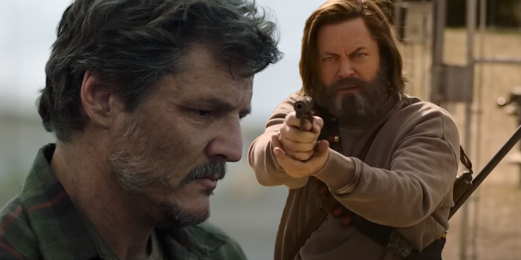 Joel de Pedro Pascal parece triste e Bill de Nick Offerman sacando sua arma em Last of Us da HBO