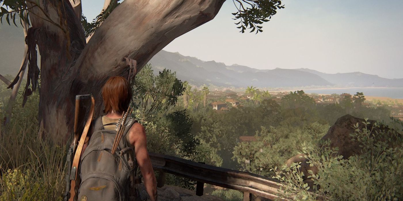 Ellie overlooking the Santa Barbara suburbs in The Last of Us Part 2