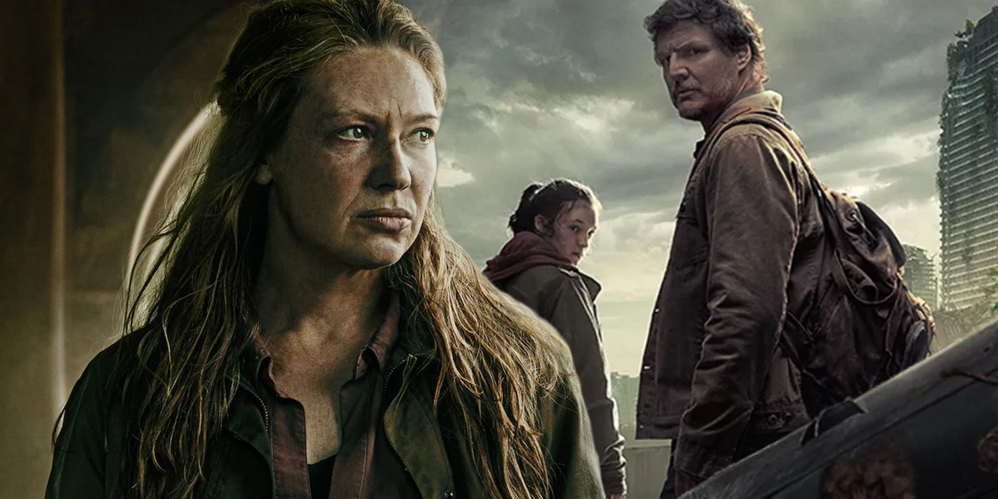 Anna Torv as Tess in official HBO character poster overlayed on Bella Ramsey's Ellie and Pedro Pascal's Joel in official HBO Last of Us poster