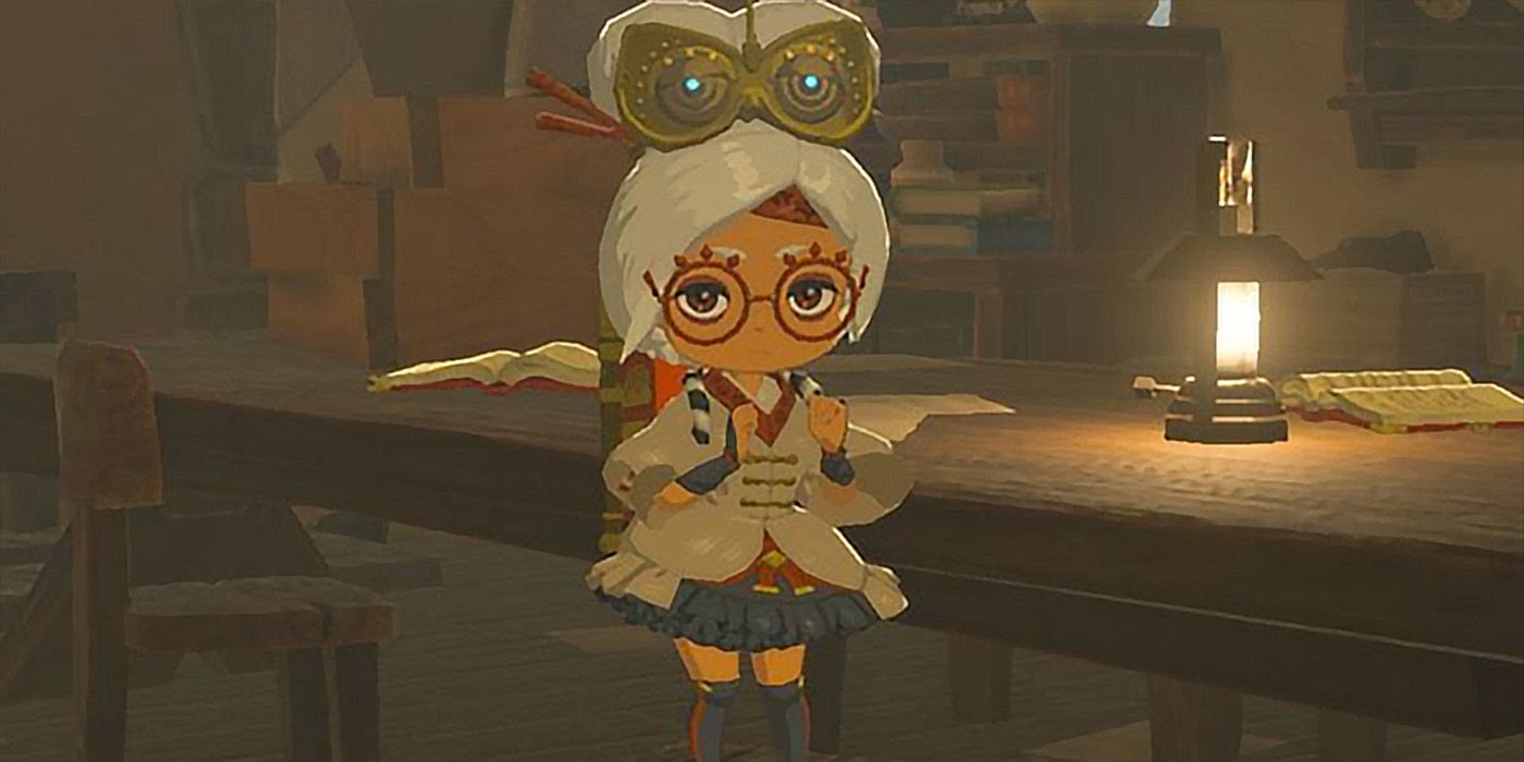 Legend of Zelda BOTW's Purah, a character that appears to be a child because of an accident with anti-aging technology, looking at the camera with her hands raised.