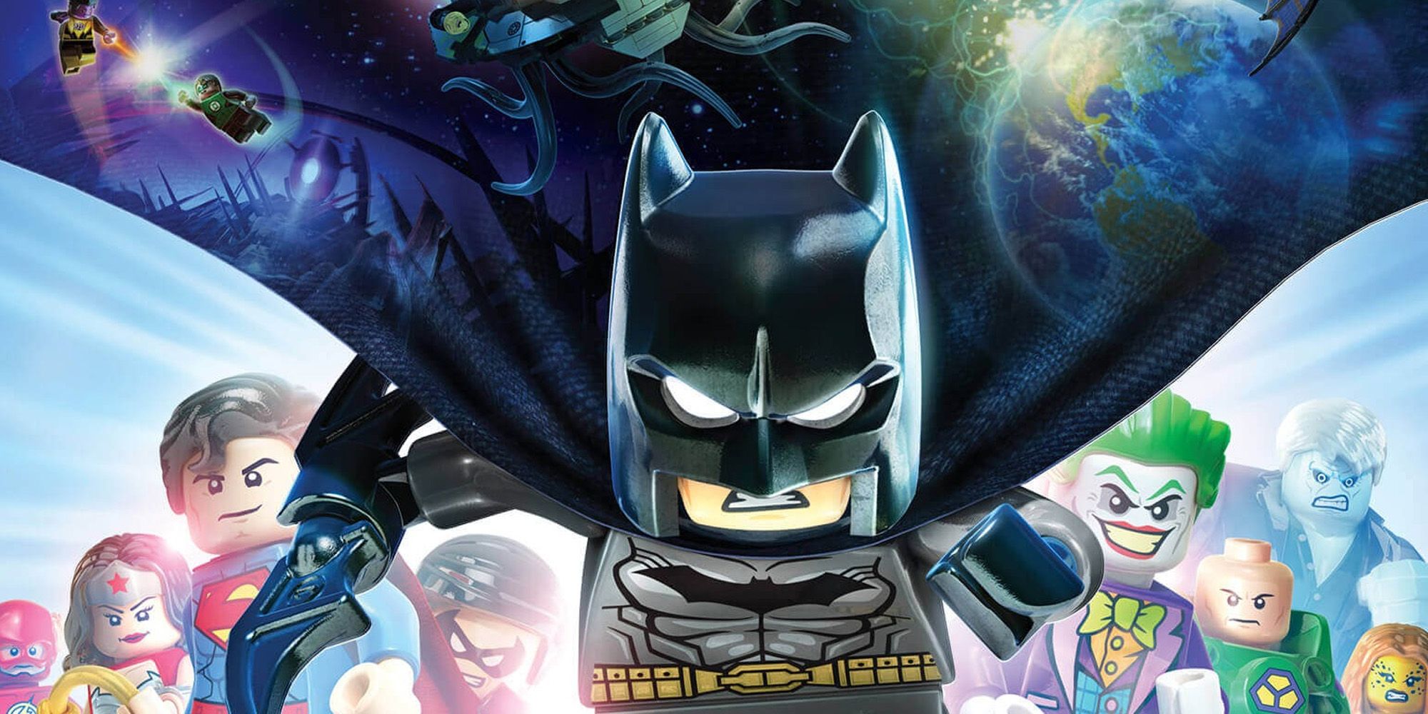 Cover art for LEGO Batman 3: Beyond Gotham, showing Batman in the centre with a flowing cape showcasing the game's different worlds. To his left are several DC heroes, including Flash, Wonder Woman, Superman, and Robin. To his right stand several supervillains, starting with the Joker, then Lex Luthor, Solomon Grundy, and Cheetah.