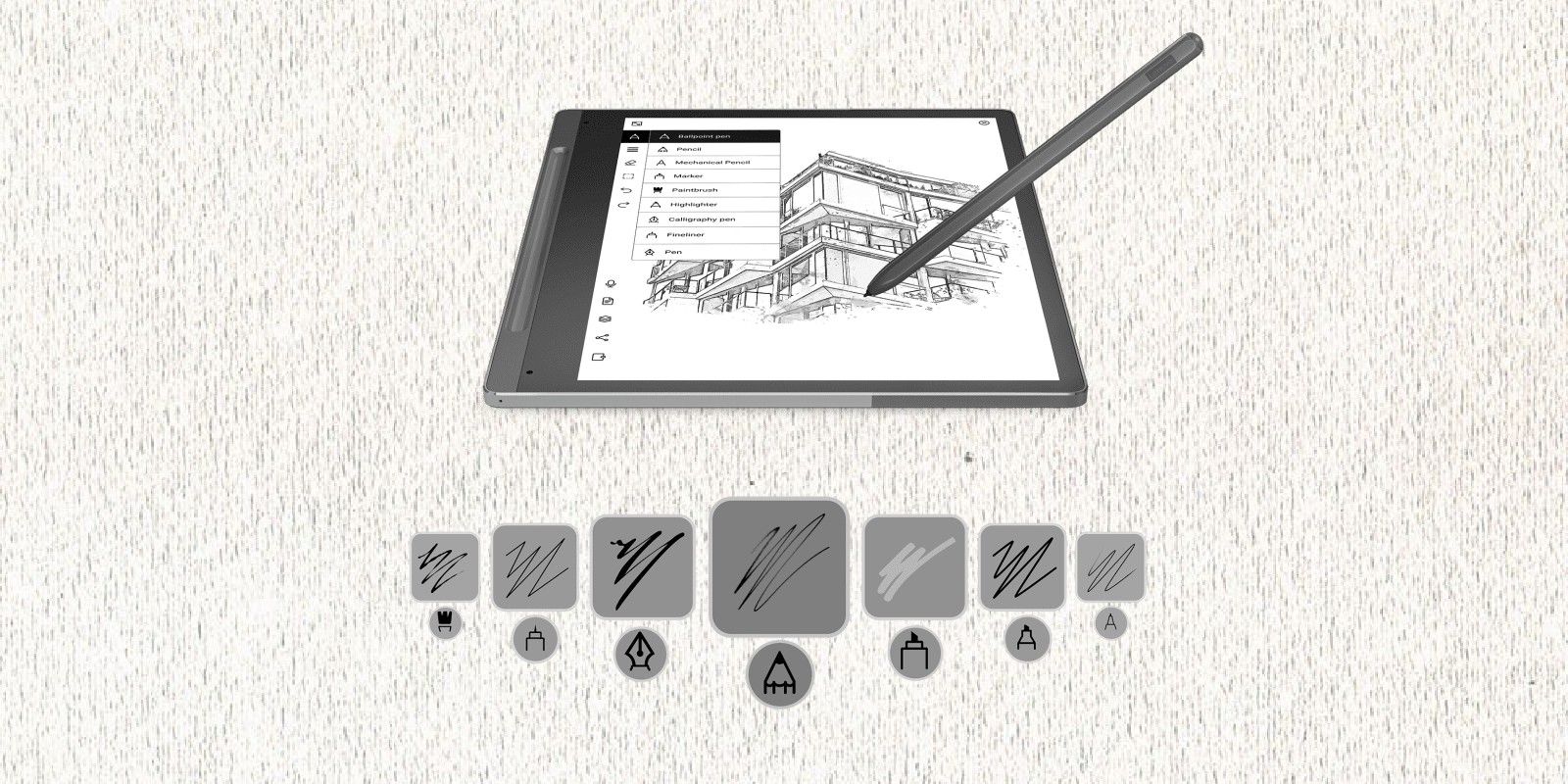 A picture showing the Lenovo Smart Paper and multiple pen tools