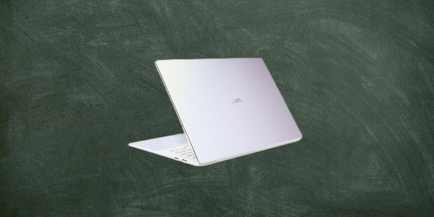 Abra o laptop LG Gram Style na parte de trás em um plano de fundo personalizado