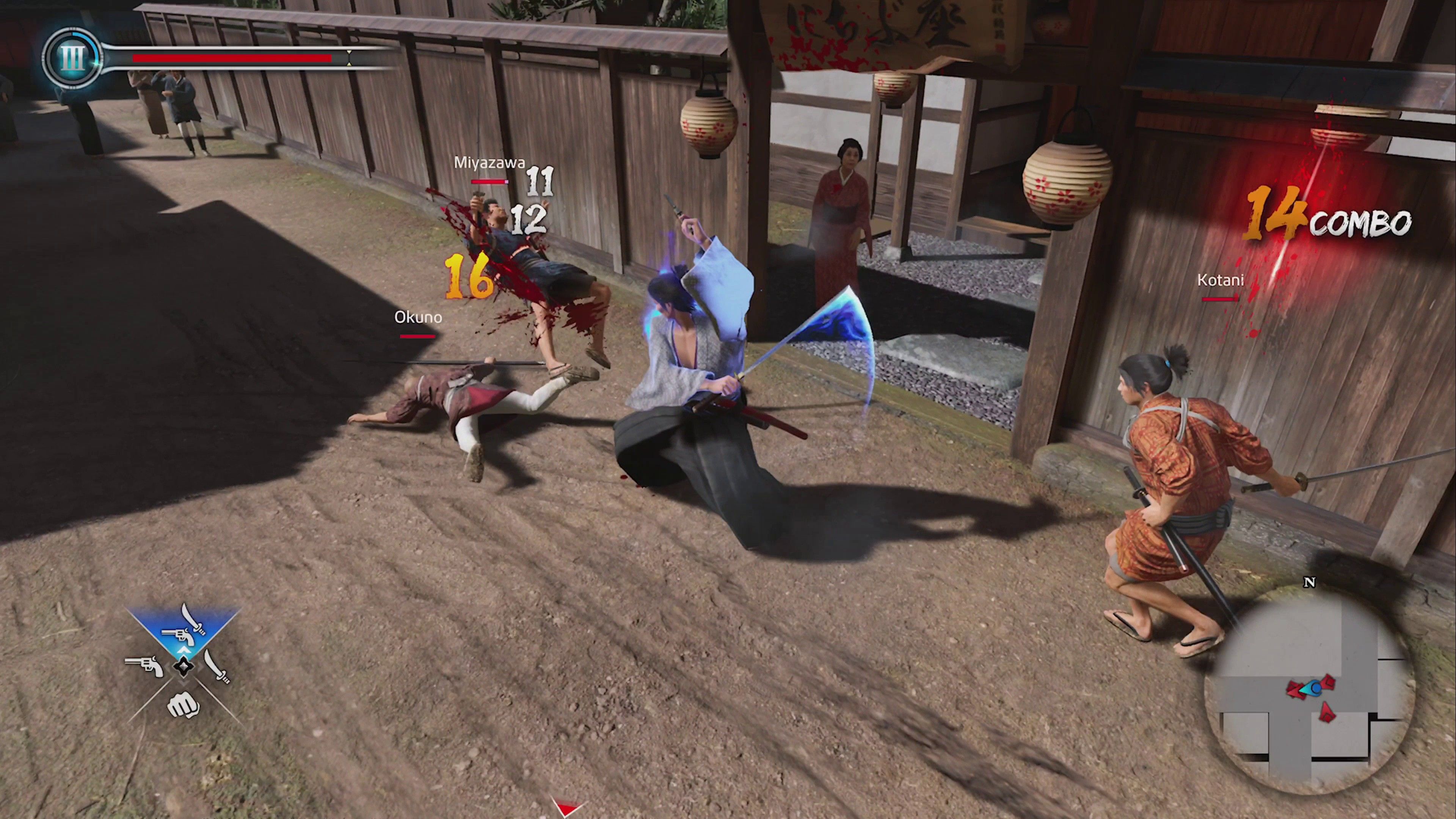 Like A Dragon: Ishin! fight with multiple enemies, Ryoma is swinging a sword and is surrounded by blue heat.