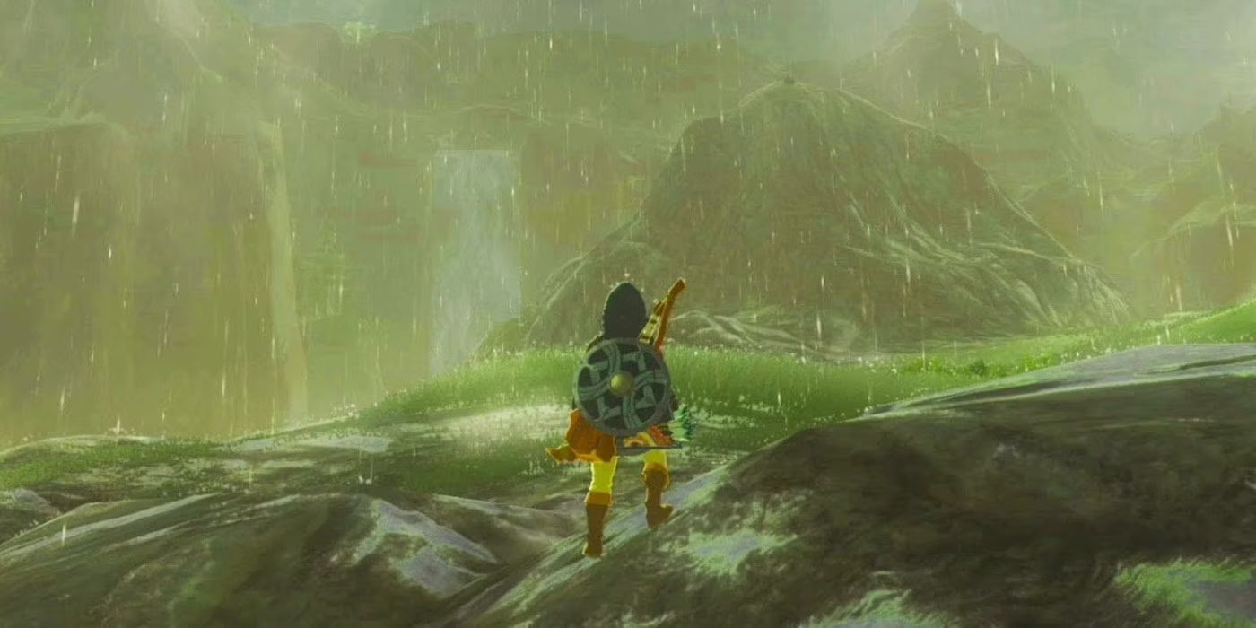 Link standing on a rock in the rain in Zelda Breath of the Wild