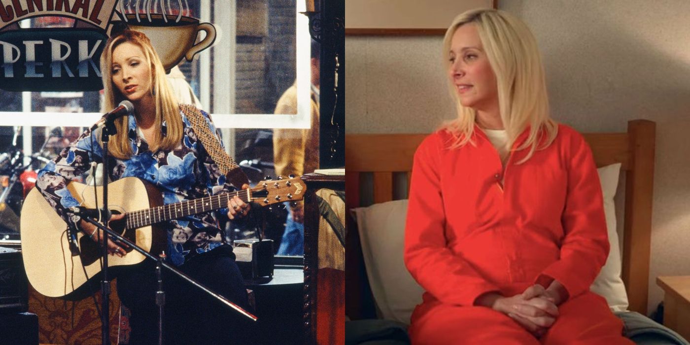 Split image of Lisa Kudrow as Phoebe on Friends and Maggie in Space Force