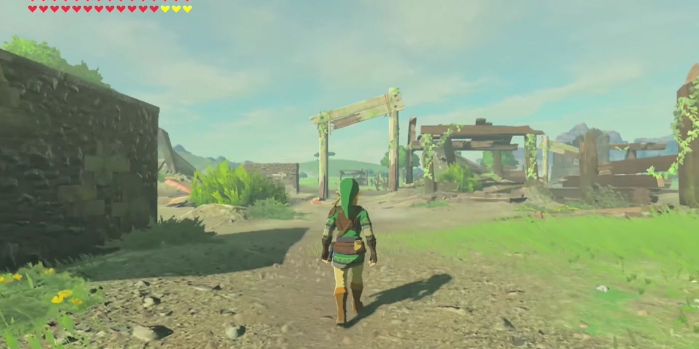 Link approaching Lon Lon Ranch in The Legend of Zelda: Breath of the Wild.