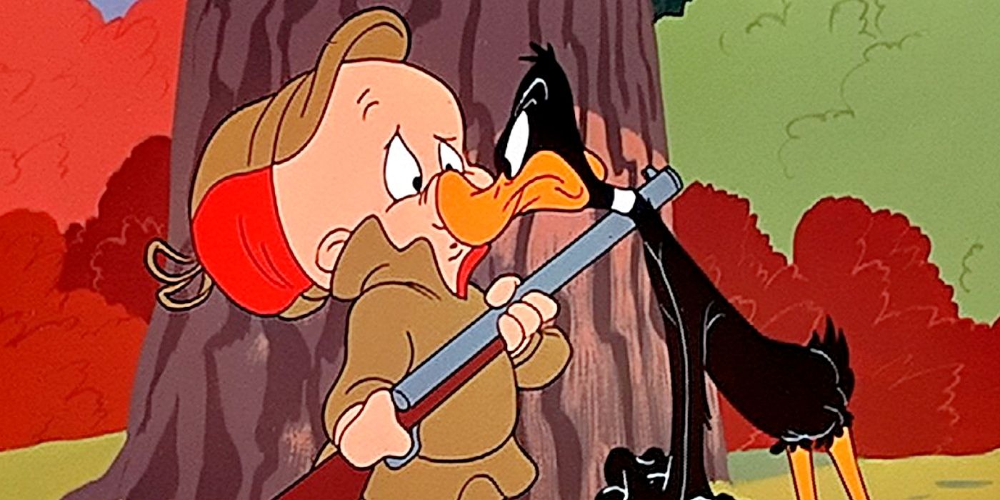Elmer Fudd and Daffy Duck in Looney Tunes.