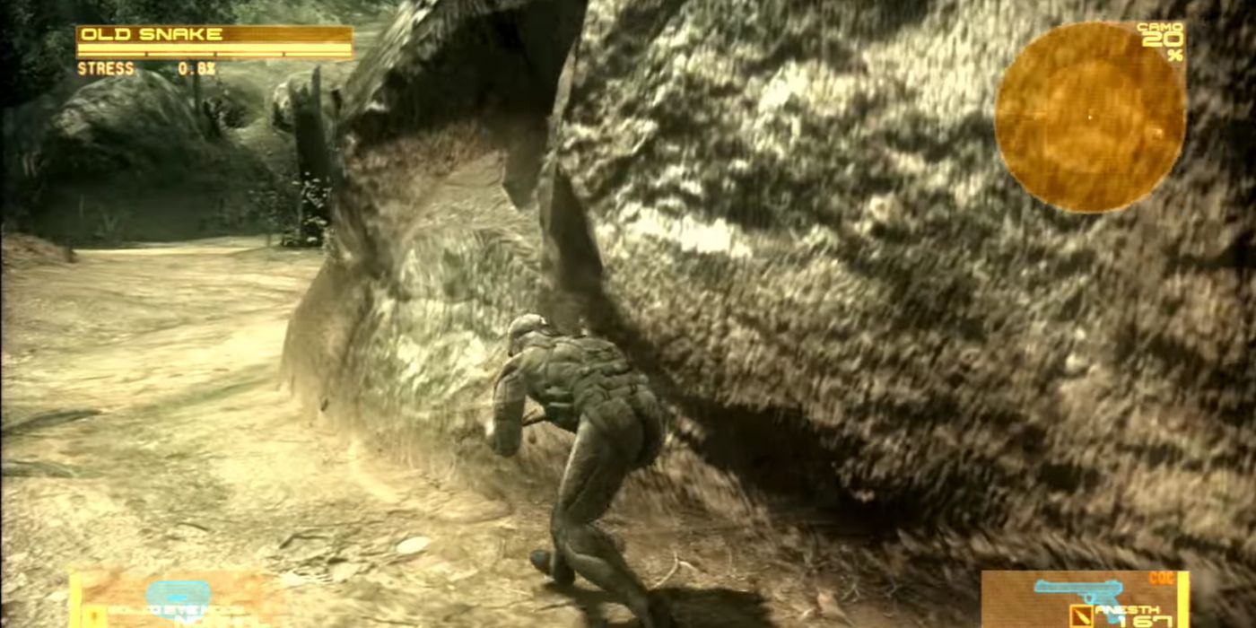 Old Snake sneaks around a low quality textured wall in Metal Gear Solid 4