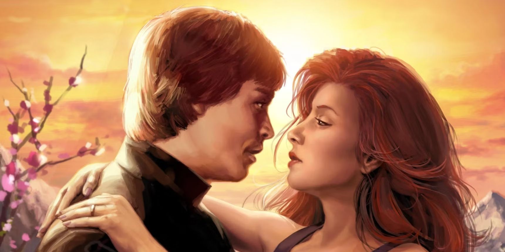 A picture of Mara Jade and Luke Skywalker from Legends in a loving embrace