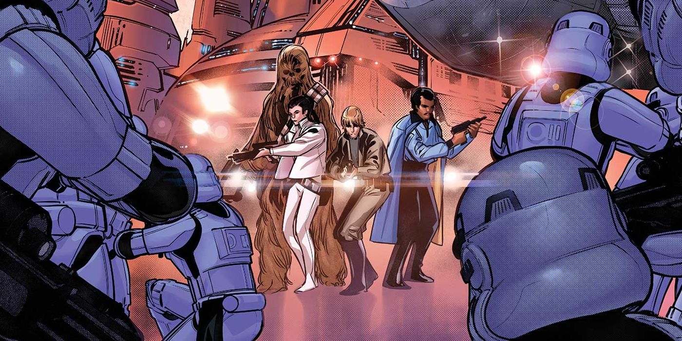 Luke, Leia, Lando, and Chewbacca stand surrounded by stormtroopers on a Cloud City platform