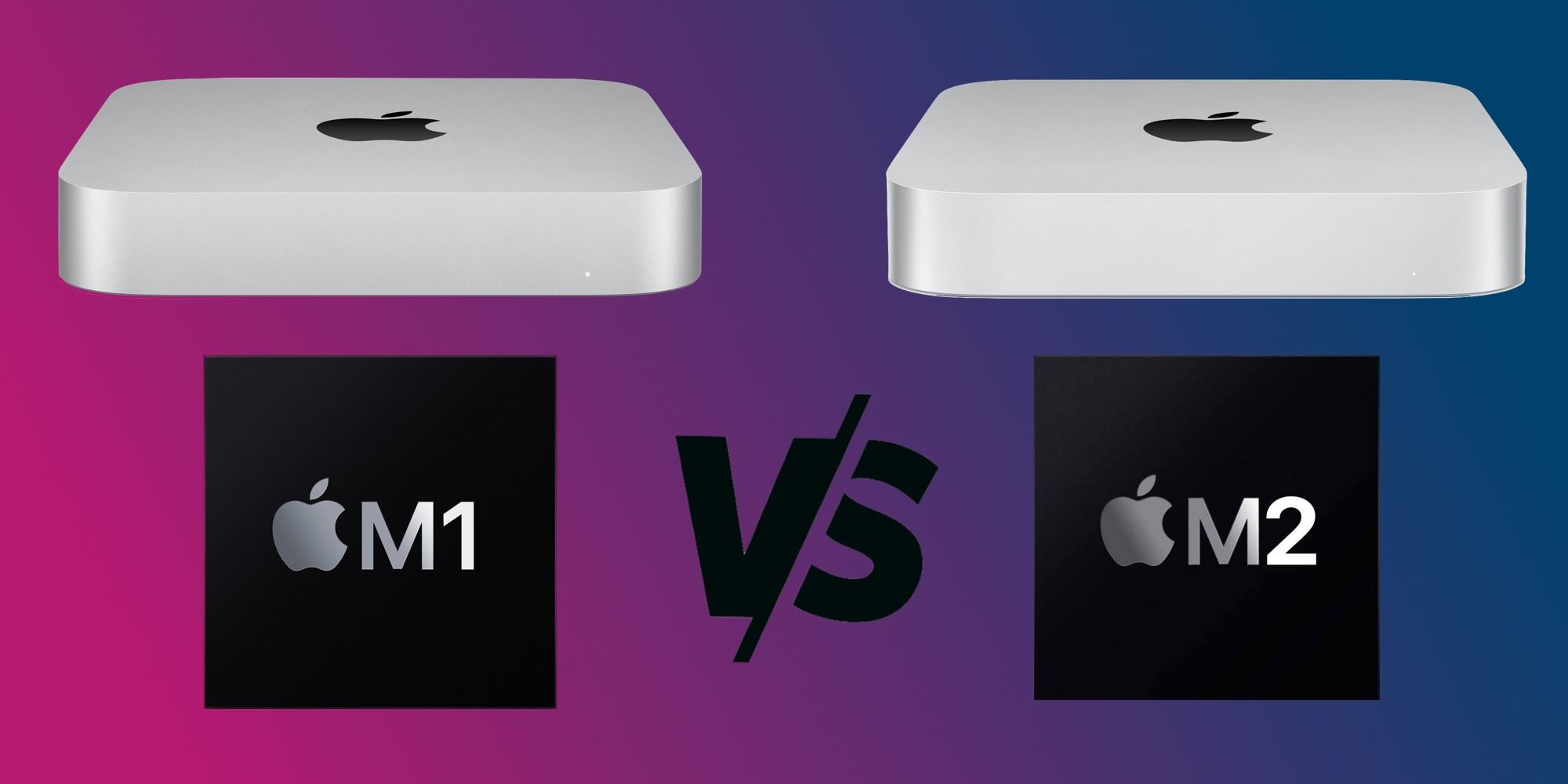 Mac Mini with M1 and M2 chips separated by versus symbol