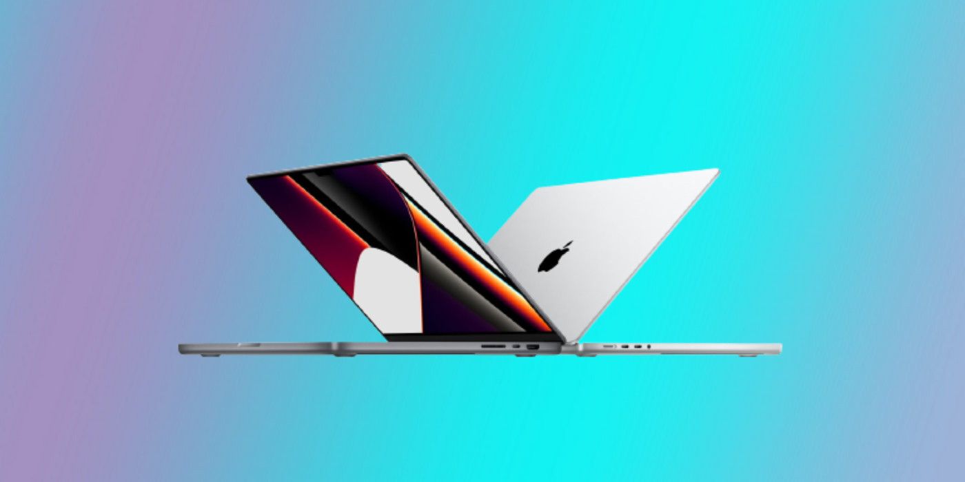 Two half-open MacBook Pros back-to-back on custom gradient background