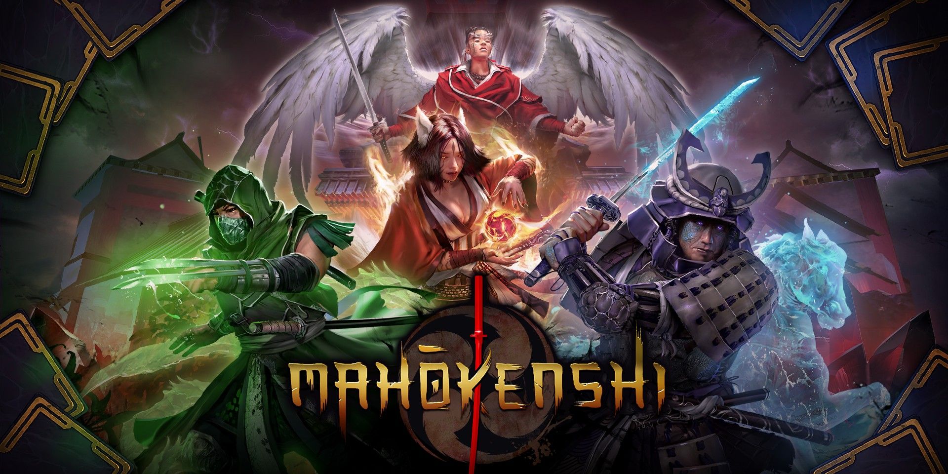 Mahokenshi Key Art showing four mystical samurai surrounded by new cards.