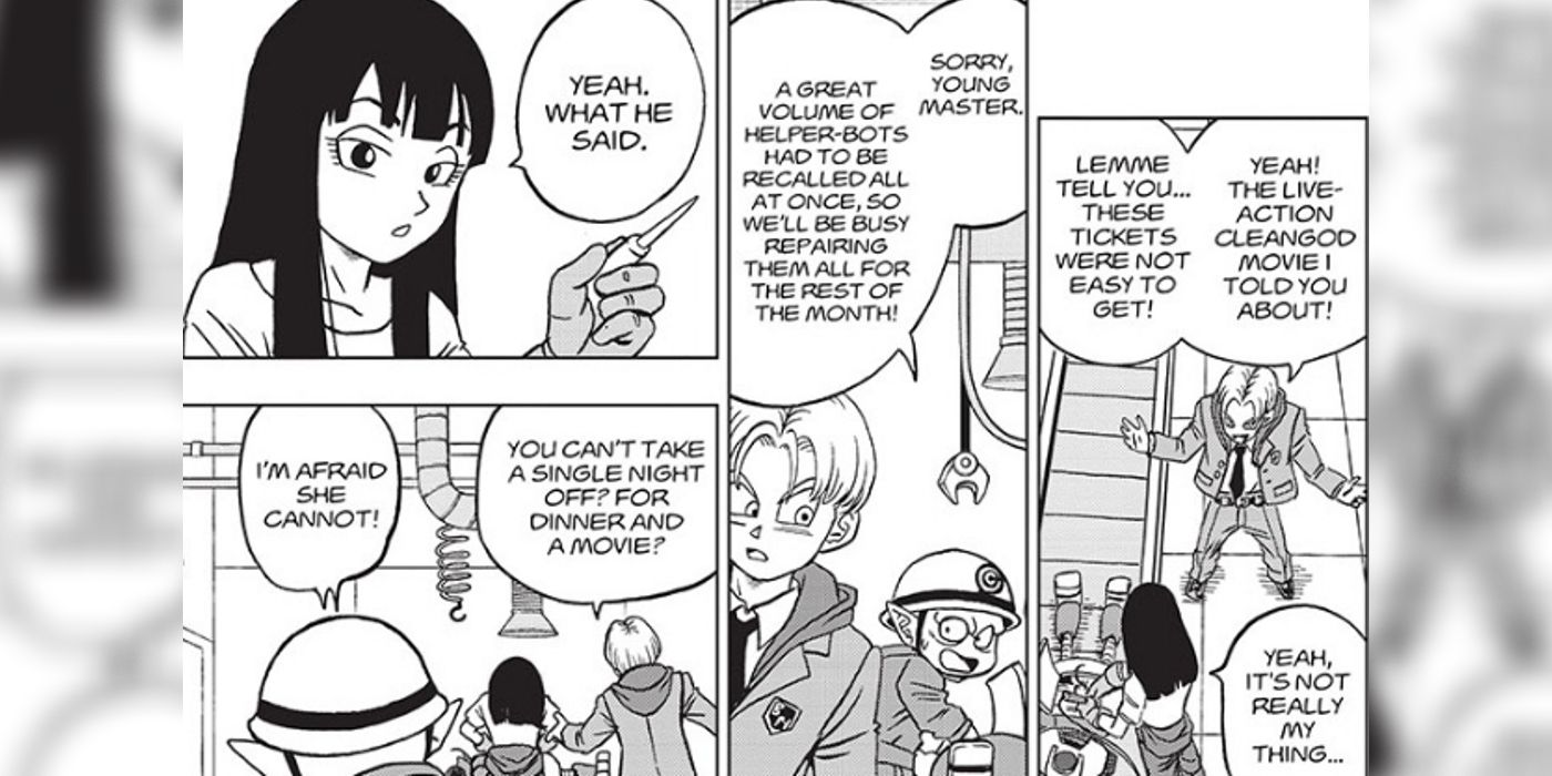 Mai uses Pilaf's excuse about the helper bots as the reason why she can't go to the movies with Trunks in Dragon Ball Super chapter 88