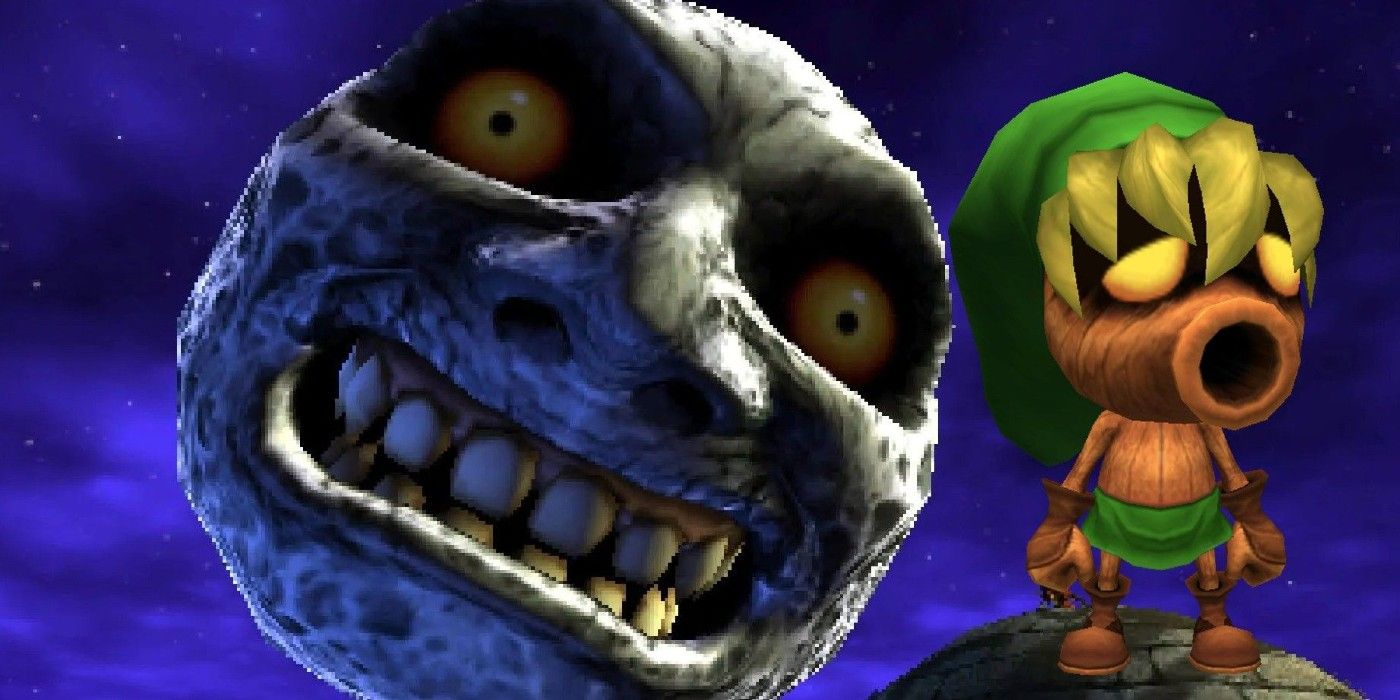 The Moon in Majora's Mask looking menacingly at Deku Link.