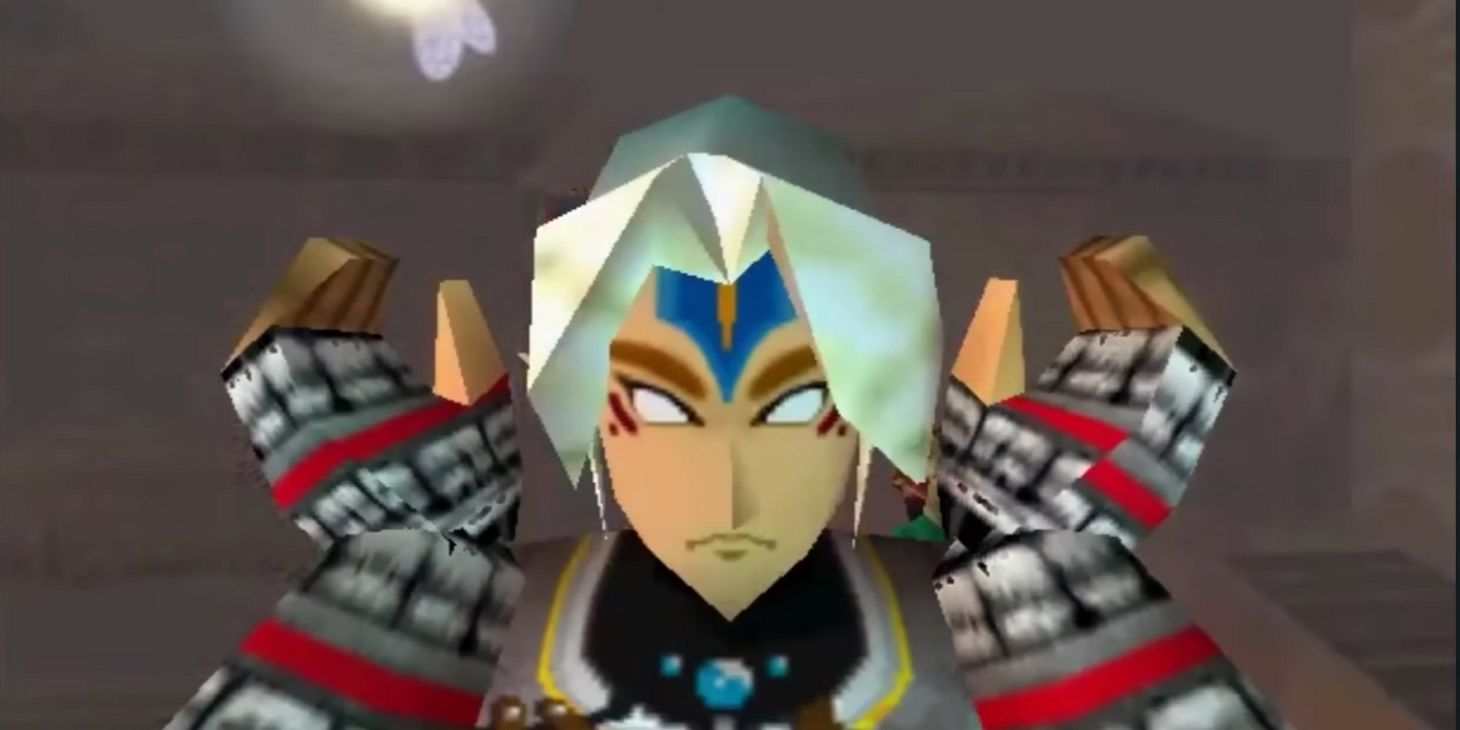 Head and shoulders close up of Majora's Mask Link using the Fierce Deity Mask in Clock Town